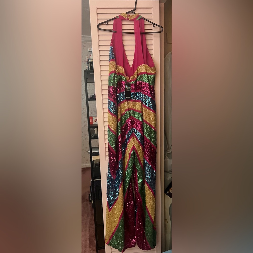 BNWT Nasty Gal Sequenced Colorblock Wide Leg Jumpsuit - Picture 9 of 9